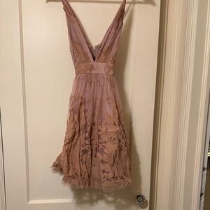 Luxxel Pink and Tan Backless Dress low plunge front cross back size small tulle